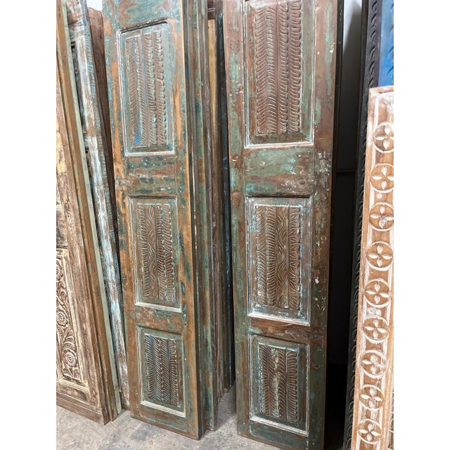 1920s Antique Hand-Carved Double Doors | Rustic Farmhouse Sliding Pantry & Closet Doors 80x32 For Sale - Image 5 of 7