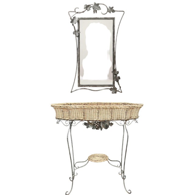 Garden Iron and Wicker Plant Stand Console Table With Mirror & Umbrella Stand For Sale - Image 4 of 10