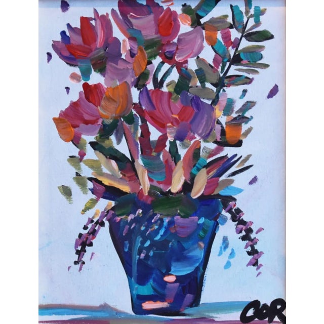 Contemporary, original one-of-a-kind impressionist oil painting on stretched artist's canvas of a colorful floral bouquet...