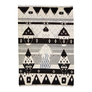 Modern Moroccan Boho Style Handmade Beige & Black Wool Rug For Sale