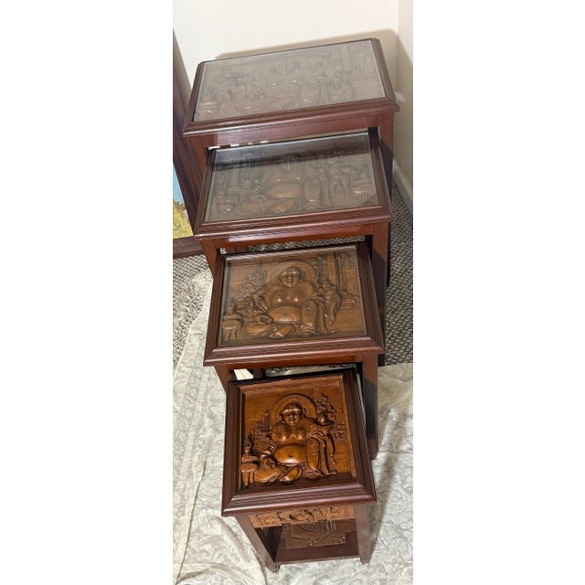 1950s George Zee & Co. Carved Wood Nesting Tables Set With Glass Tops Buddha For Sale - Image 10 of 12