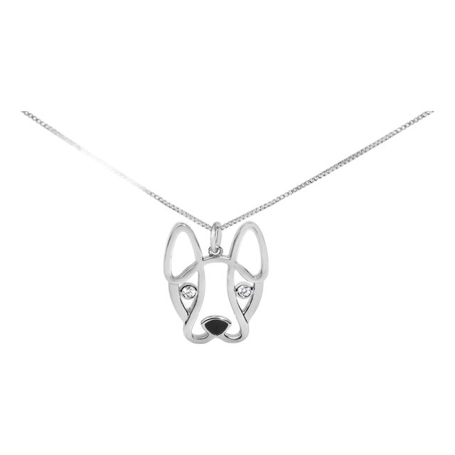 .925 Sterling Silver Diamond Accent and Black Enamel French Bullldog 18" Inch Pendant Necklace inch (I-J Color, I2-I3 Clarity) For Sale