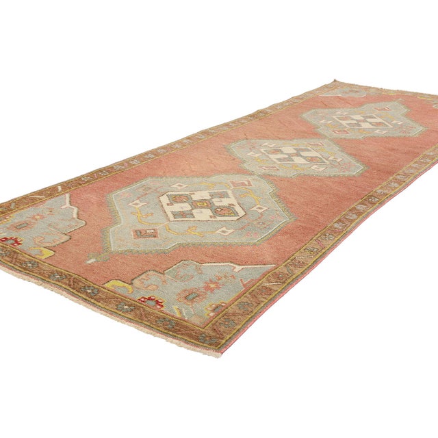 53918 Vintage Red Turkish Oushak Rug Runner, 03'05 x 09'06. This hand-woven wool vintage Turkish Oushak rug runner...