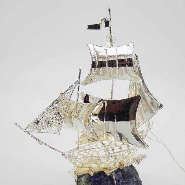 1980s Vintage Italian Handmade Genuine Silver and Stone Sailing Ship Decorative Figure Sculpture For Sale - Image 5 of 11