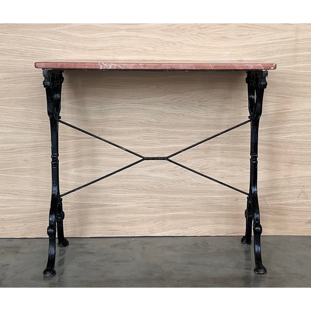 French Solid Cast Iron French Scrolling Bistro Table With Pink Marble Top For Sale - Image 9 of 11