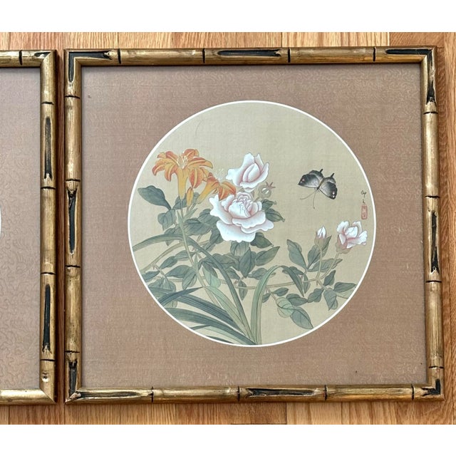 Chinoiserie Vintage Framed Asian Botanic and Butterfly Original Gouache Watercolor Paintings, a Pair For Sale - Image 3 of 9