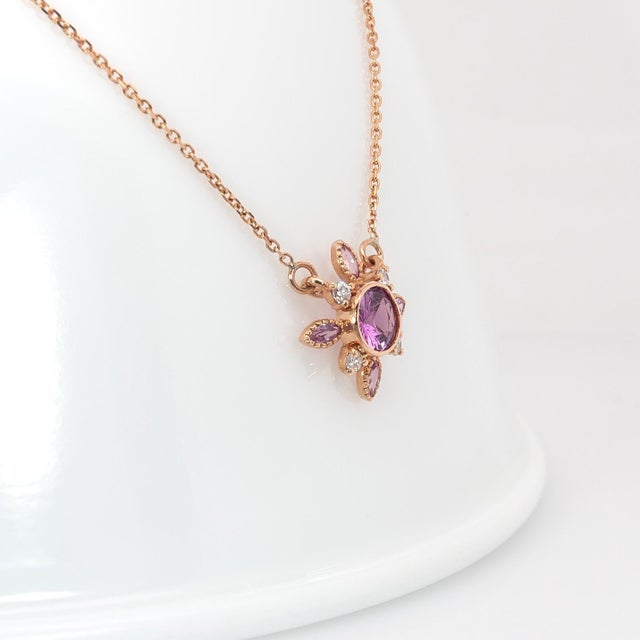 Pink Pink Sapphire Pendant, Diamond and Sapphire Accents: Solid 14k Gold With Chain For Sale - Image 8 of 9