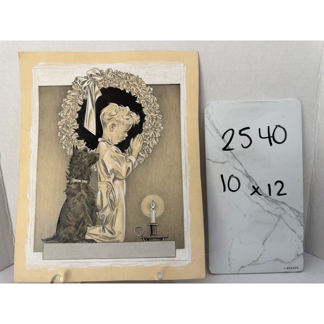 1940s Original Signed Graphite Illustration of Praying Boy With Dog and Christmas Wreath, 12 × 10 In. For Sale - Image 5 of 5