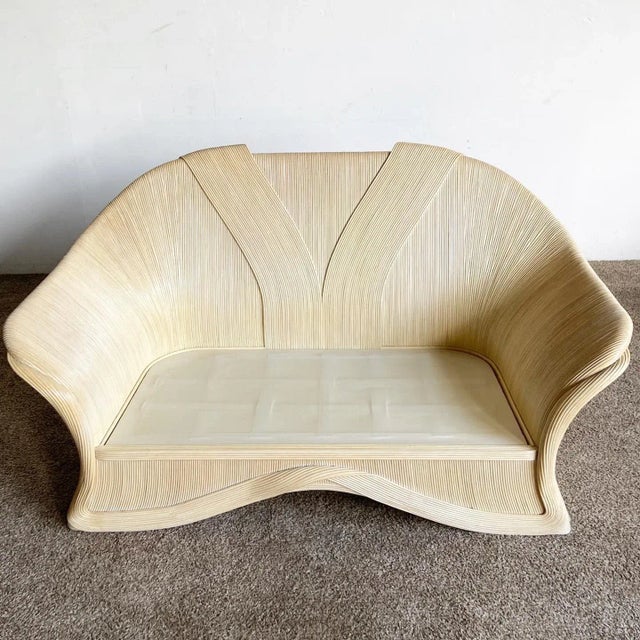 Wood Boho Chic Sculpted Pencil Reed Ribbon Love Seat Sofa For Sale - Image 7 of 12