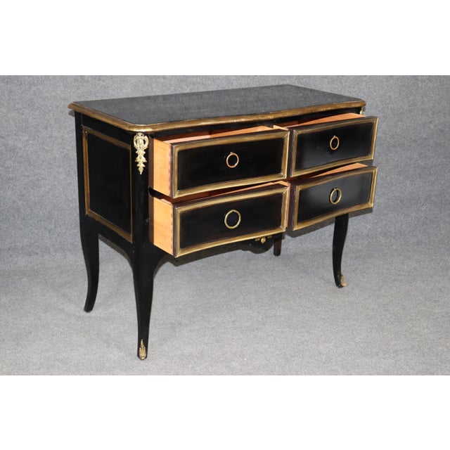 Pair Vintage Ebonized and Gilt Louis XV Style Brass Mounted Commodes by Bodart For Sale In Philadelphia - Image 6 of 14