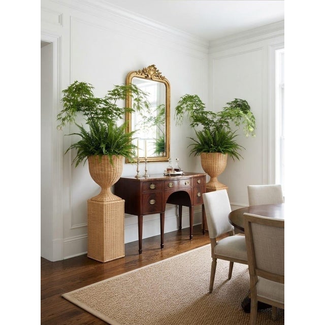 Wood Pair of Vintage Natural Wicker Urn Planters With Pedestal Plinths For Sale - Image 7 of 12