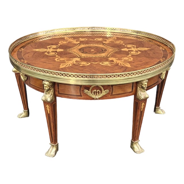 Mid 20th Century French Empire Style Mahogany Marquetry and Ormolu Mount Galleried Coffee Table For Sale