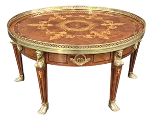 Mid 20th Century French Empire Style Mahogany Marquetry and Ormolu Mount Galleried Coffee Table