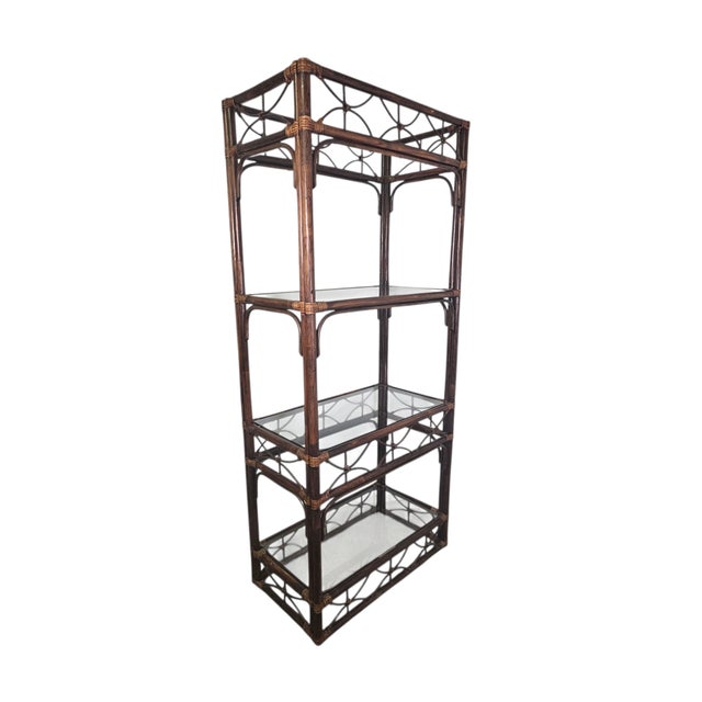 Contemporary Vintage Rattan Bamboo Etagere With Glass Shelves, Coastal Palm Beach Regency, 74" For Sale - Image 3 of 13