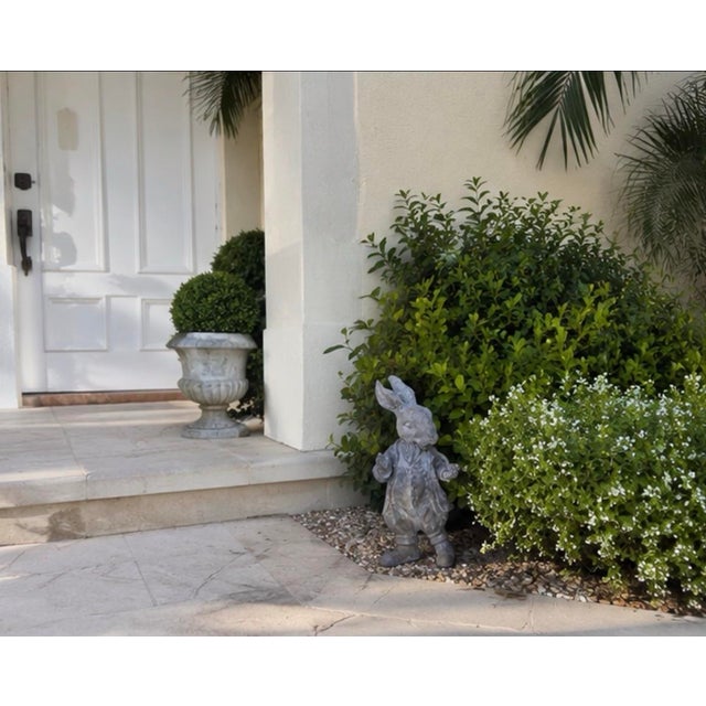 Vintage Whimsical Cast Iron Dapper Rabbit Garden Statue Holding a Pipe For Sale - Image 9 of 12