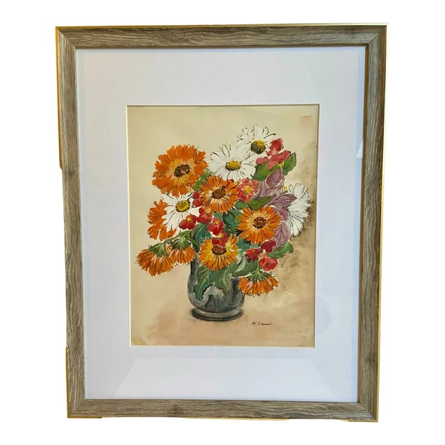 Mid 20th Century Mid-Century Modern Floral Signed Watercolor, Framed For Sale