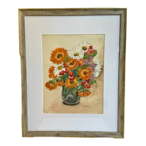 Mid 20th Century Mid-Century Modern Floral Signed Watercolor, Framed