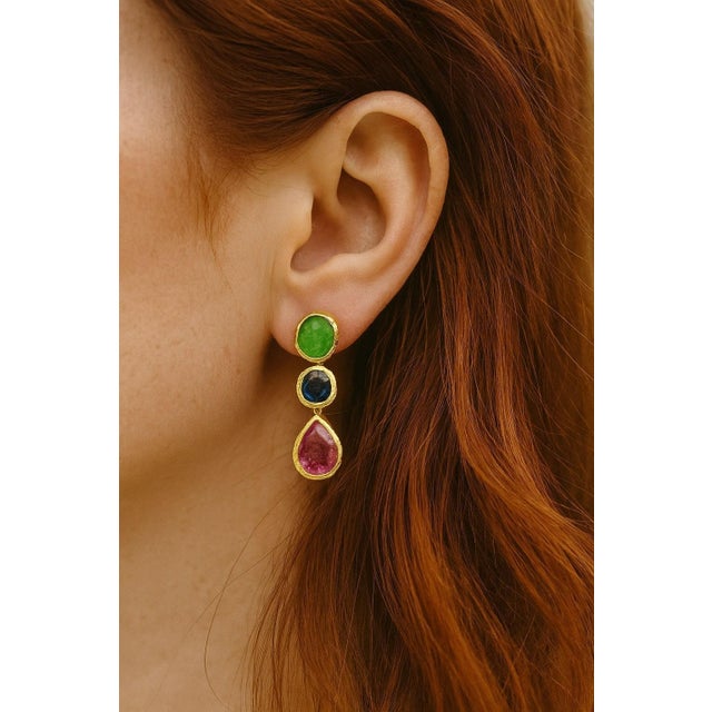 Bochic "Capri" Vintage Emerald, Ruby & Sapphire Earrings Set 18K Gold & Silver For Sale - Image 10 of 18