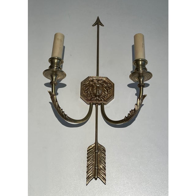 1950s 1950s bronze wall sconces with Arrows and Effigy of the Sun King by Louis Gau - a Pair For Sale - Image 5 of 12