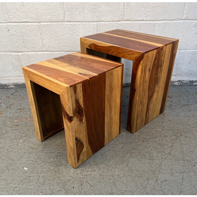 Wood Pair of Mid 20th Century Solid Sheesham Wood Waterfall Side Tables For Sale - Image 7 of 9