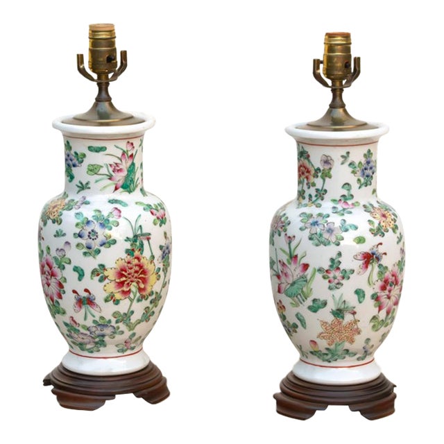 Antique Peony Chinese Porcelain Lamp - Pair For Sale