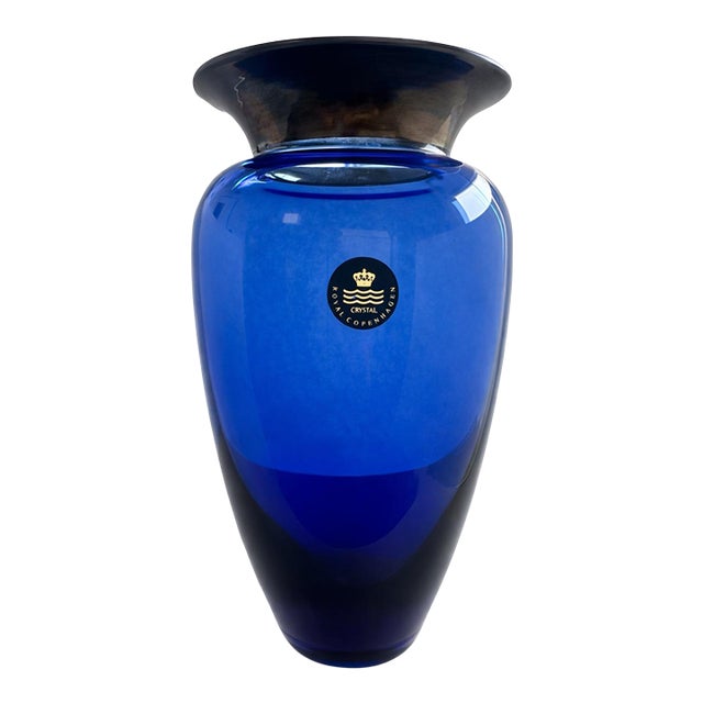 Royal Copenhagen Cobalt Blue Crystal Vase With Metal Rim – Danish Art Glass Mid Century For Sale