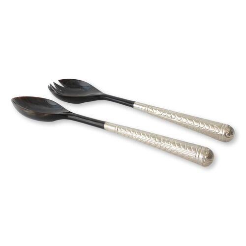 Vintage salad servers featuring faux tortoise shell blades and elegant sterling silver-wrapped handles. Though unmarked,...