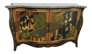 Chinoiserie Black Lacquered Decorated Credenza