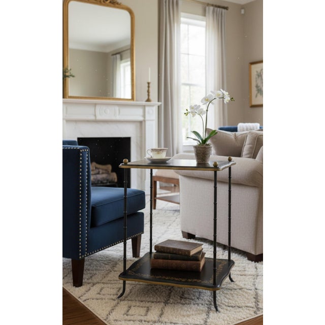 Black Vintage Hollywood Regency Faux Metal Bamboo Two-Tier Occasional Table With Gilt Laurel Detail For Sale - Image 8 of 8