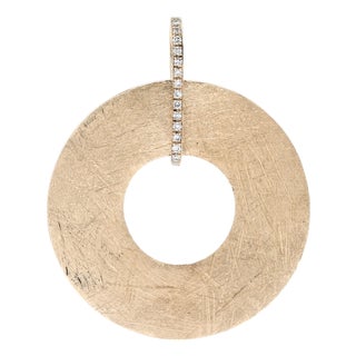 Diamond Textured Circle Pendant, 14k Yellow Gold, Length 1.38 In For Sale