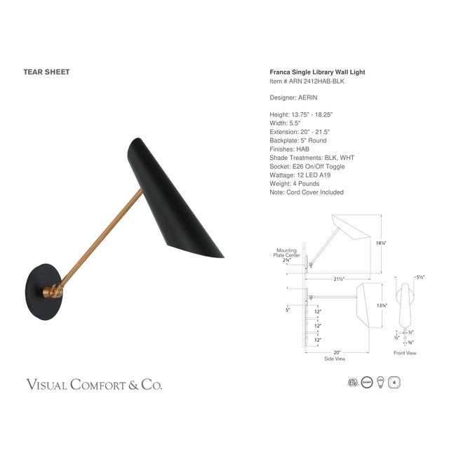 Modern AERIN for Visual Comfort Signature Franca Single Library Wall Light in Hand-Rubbed Antique Brass with Black Shade For Sale - Image 3 of 6