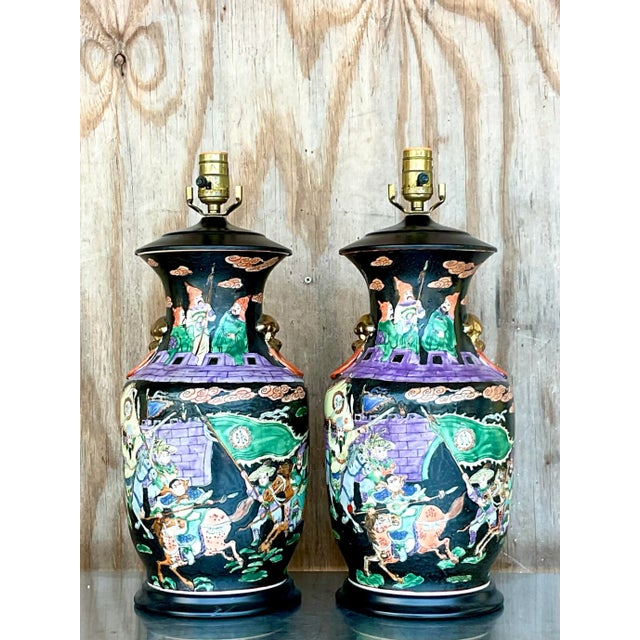 Mid 20th Century Vintage Chinoiserie Hand-Painted Ceramic Figural Table Lamps – A Pair For Sale - Image 5 of 12