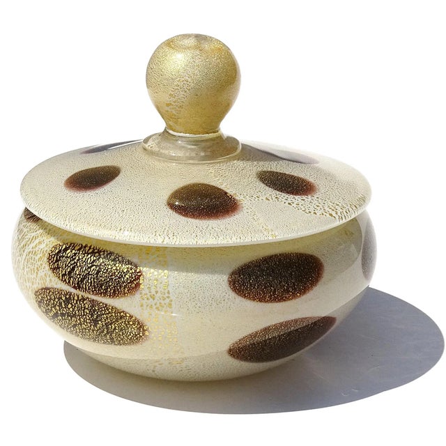 Beautiful vintage Murano hand blown white, dark purple / black and gold flecks Italian art glass vanity powder or jewelry...