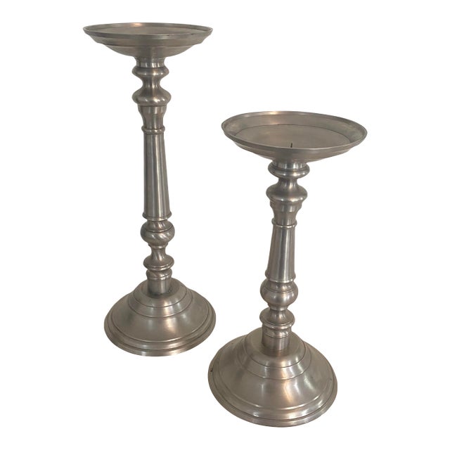 Vintage Eddie Bauer X-Tall Brass With Pewter Finish Pillar Candle Holders- Set of 2 For Sale