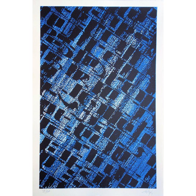 Frank Lalou, Composition abstraite en bleu, Lithograph For Sale