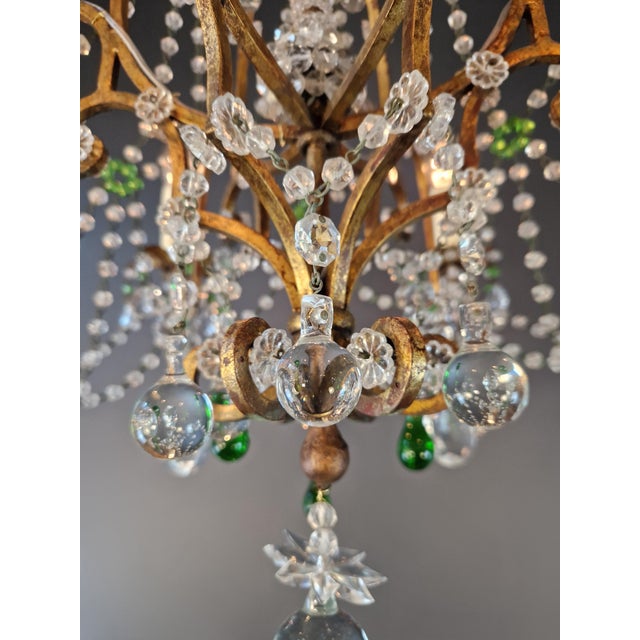 1940s Italian Rococo Revival Crystal Chandelier With Emerald Green Drops 6 Lights For Sale - Image 9 of 13