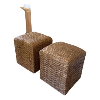 Pair of Vintage Woven Natural Fiber Cube Ottomans For Sale