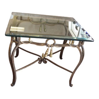 Glass & Metal Rectangle End or Side Table W/ Solid Brass 'Rope' / Tassel Droplets - Shapely Legs For Sale