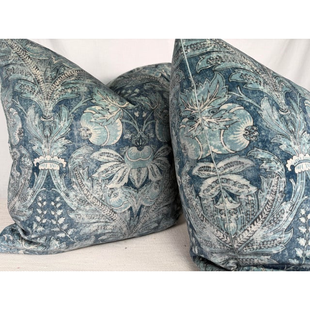 Custom pair of 22" pillows covered in GP & J Baker "Lapura Velvet" in color blue. These pillows are corded in Samuel &...