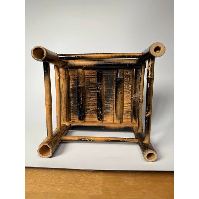 Boho Chic Bamboo Black Painted Distressed Low Riser/Plant Stand For Sale - Image 10 of 10