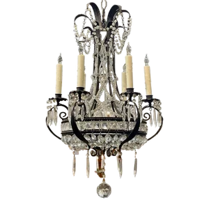 Vintage French Bagues Style Iron and Crystal 6 Light Chandelier