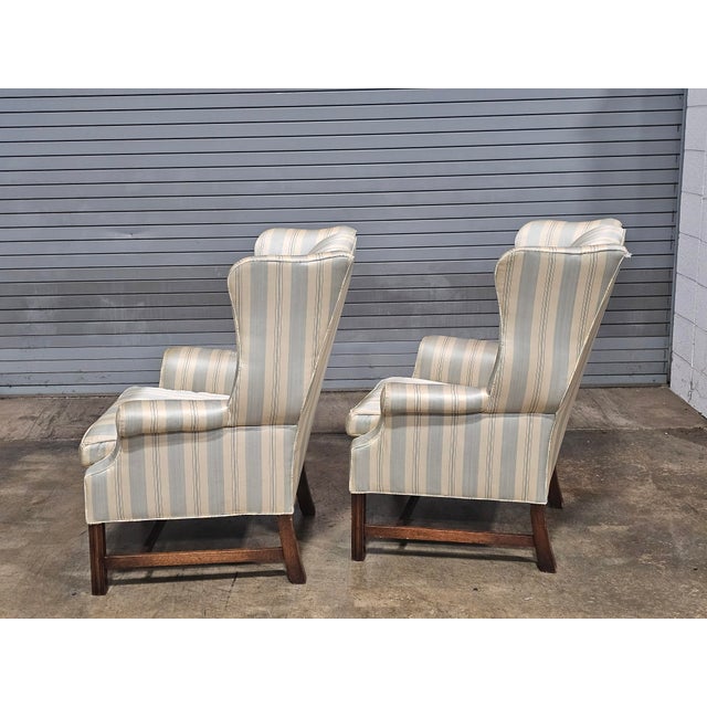 Mid 20th Century Pair Mahogany Chippendale Style Armchairs Wing Chairs Blue Silk Striped Fabric For Sale - Image 10 of 11