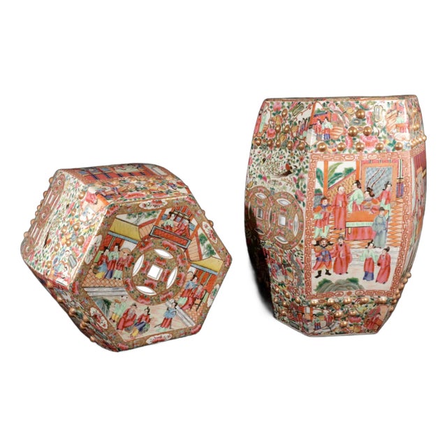 Chinese Export Porcelain Hexagonal Garden Seats, a Pair For Sale