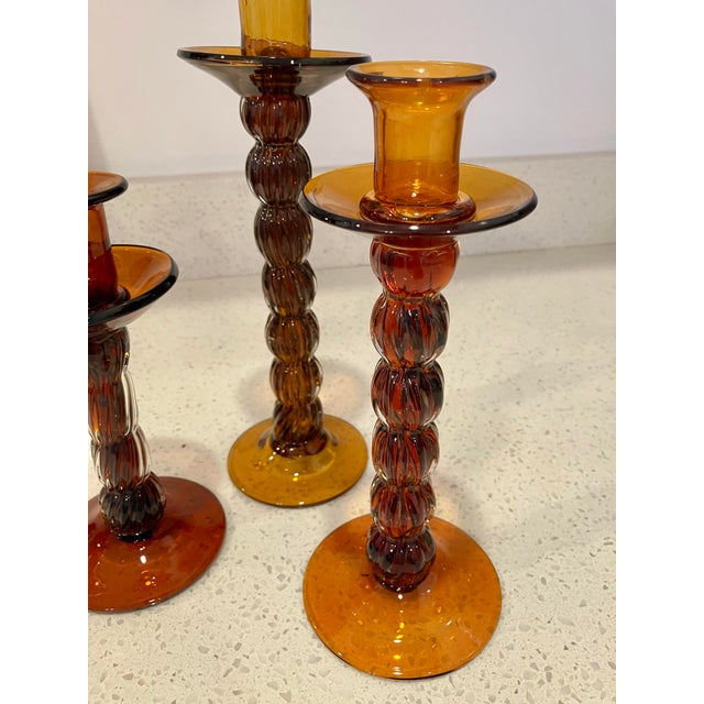 Transitional Set of Three Amber Colored Glass Candlesticks For Sale - Image 3 of 7