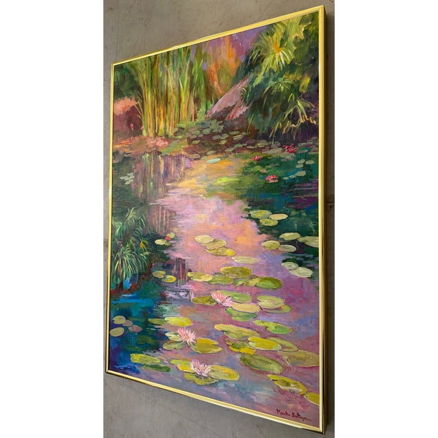 Impressionist Impressionistic "Water Lily Pond" Oil on Canvas by Marion Saltzman For Sale - Image 3 of 9