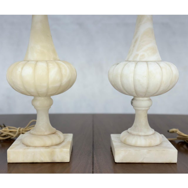 Pair of Fine Elegant Alabaster Marble Onion Shape Bases Table Lamps Clean! For Sale - Image 10 of 13
