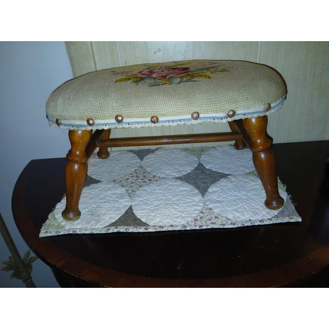 Wood 1950s Mid Century Victorian Style Needlepoint Foot Stool For Sale - Image 7 of 14