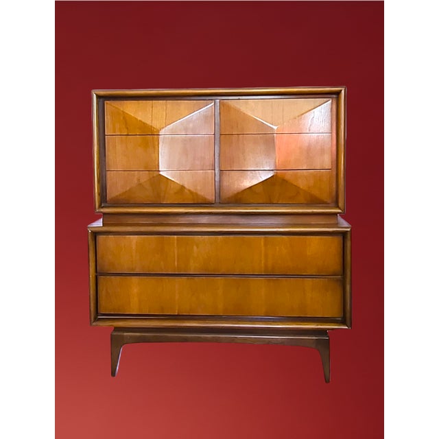 1950s Mid Century Walnut Diamond Front Highboy by United Furniture
