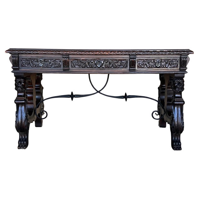 19th Century Spanish Two Faces Baroque Style Oak Library Table or Desk For Sale - Image 15 of 18