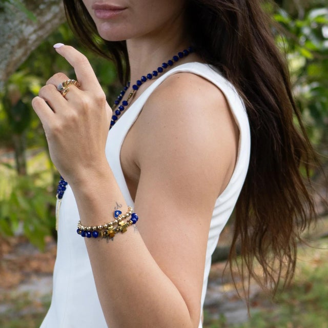Early 21st Century Deep Love Blue Crystal & Heart Charm Gold Bracelet Set For Sale - Image 5 of 8